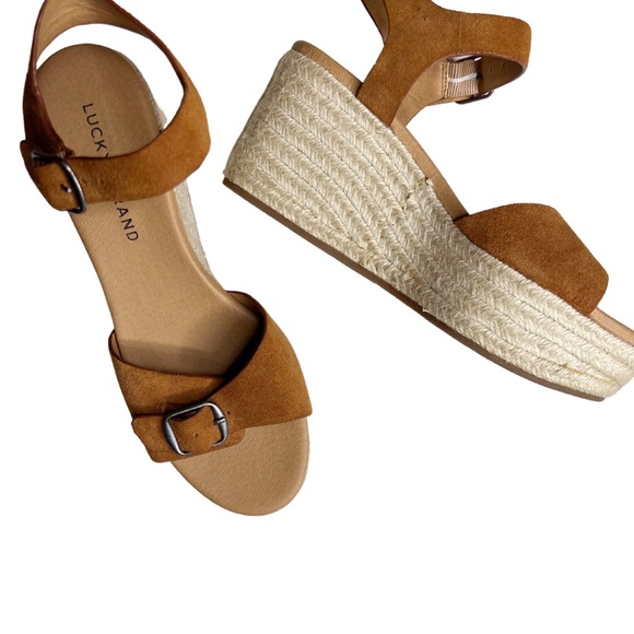 LUCKY BRAND Espadrille Naveah Wedge Sandal Size 7.5 Ankle Strap Buckle Casual - Picture 1 of 11